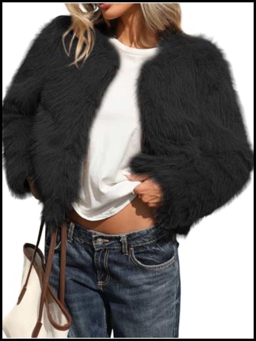 Fluffy Faux Fur Cropped Coat with Hooks & Pockets